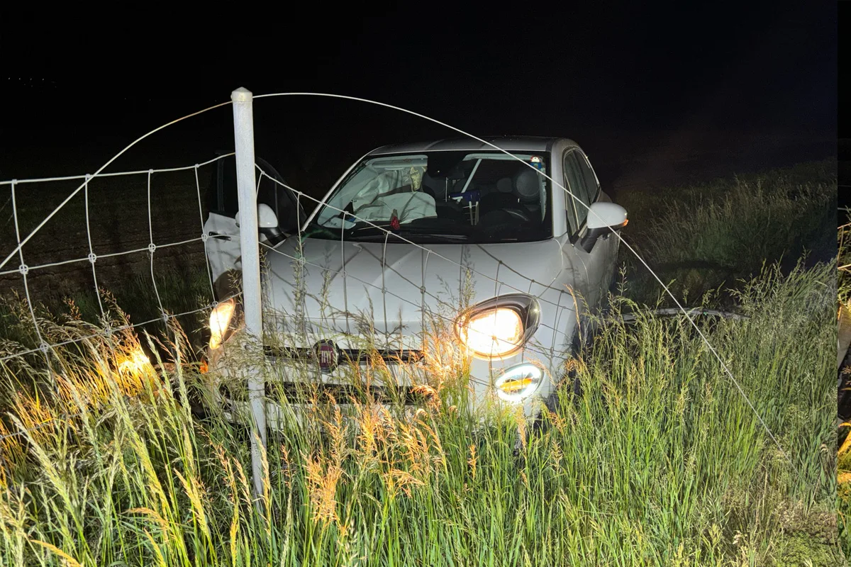 Ein weißes Auto steht bei Nacht im hohen Gras hinter einem durchbrochenen Drahtzaun. Die Lichter des Fahrzeugs sind eingeschaltet.
