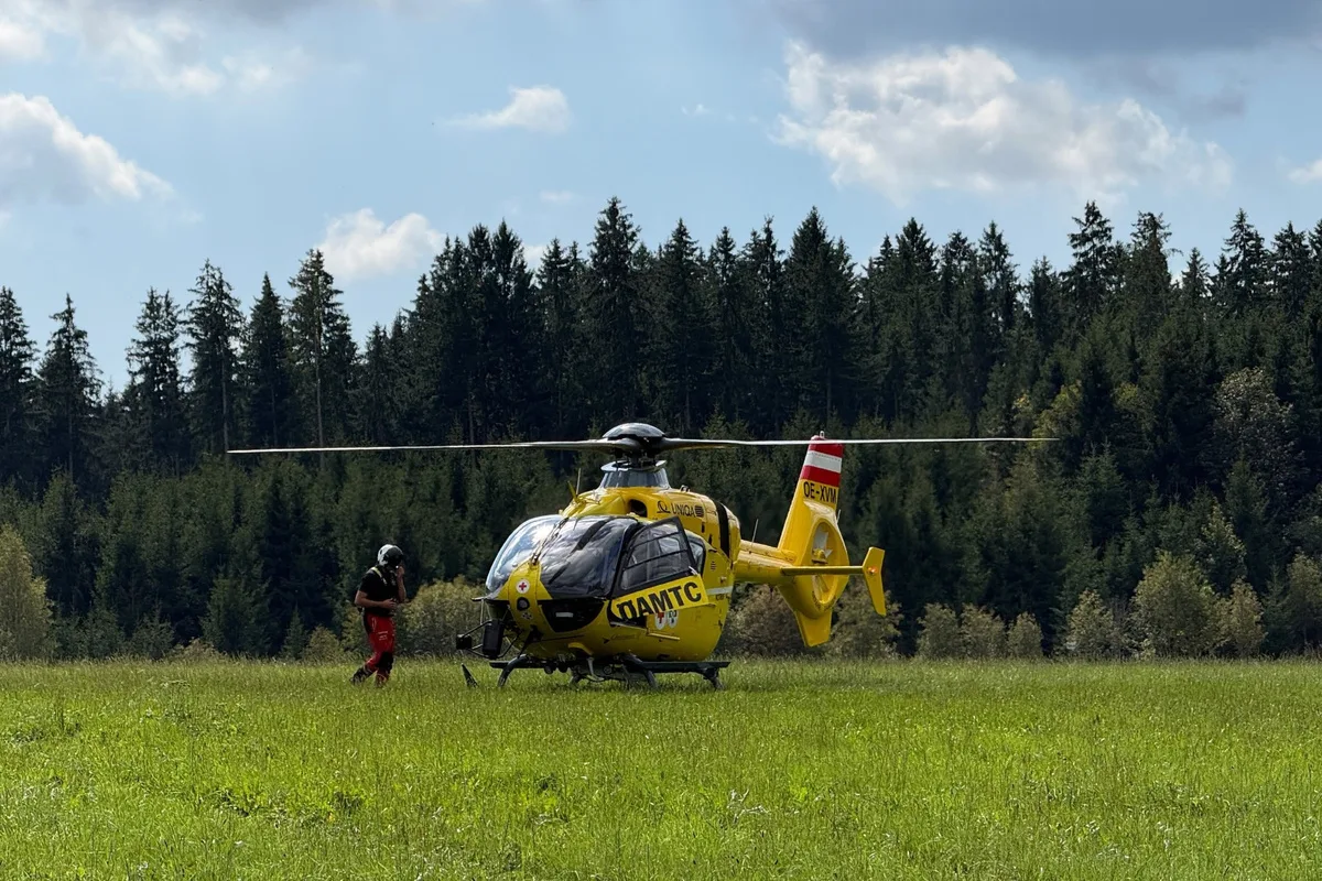 Ein gelber Rettungshubschrauber steht auf einer grünen Wiese, flankiert von einem Sanitäter, mit dichter Waldkulisse im Hintergrund.