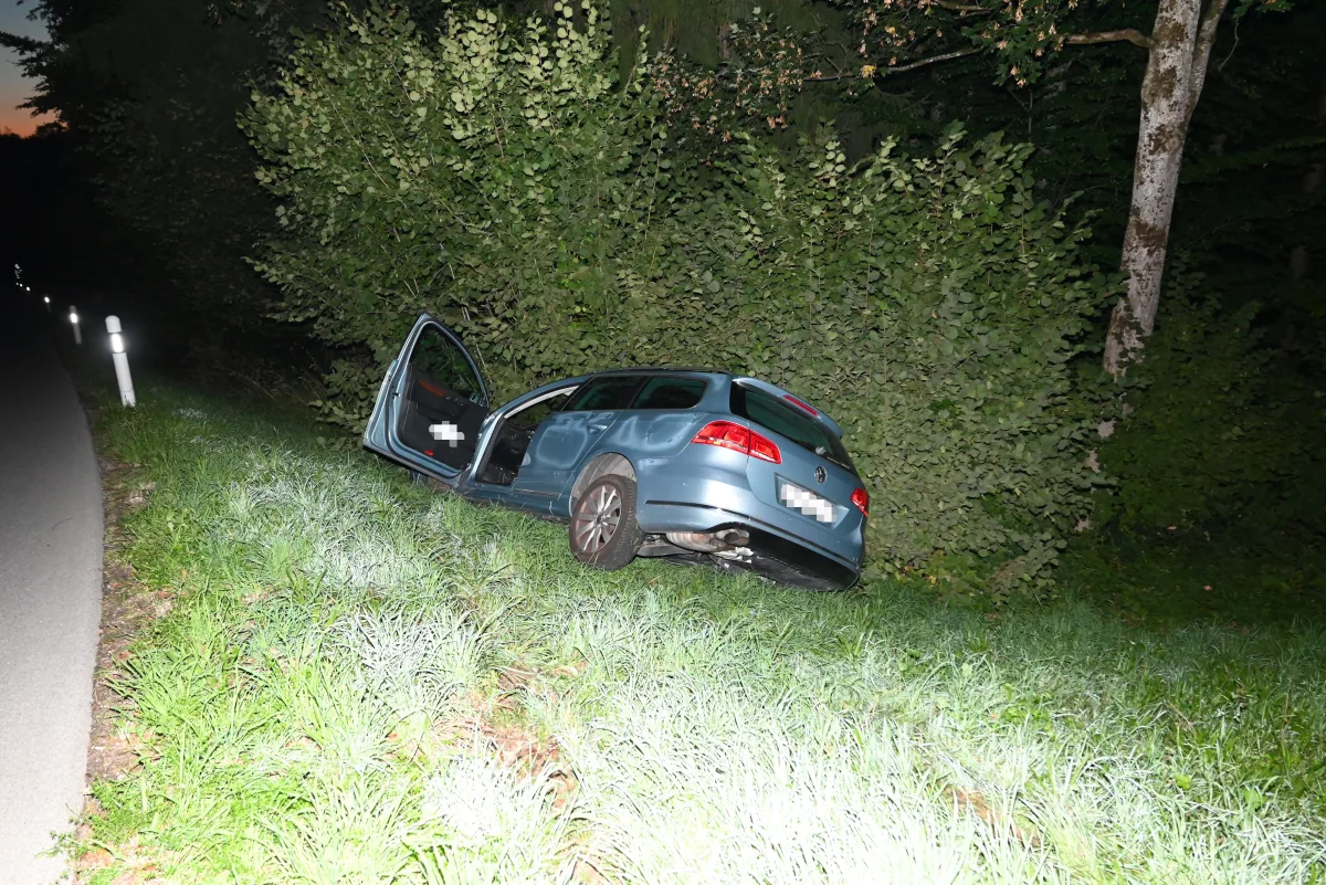 Ein blauer VW-Pkw mit offenen Türen steht im Gebüsch neben einer dunklen Landstraße. Es ist Nacht.