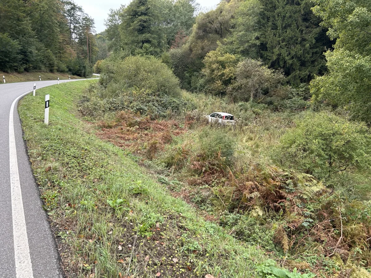 Ein weißes Auto liegt abseits einer kurvigen Landstraße im Graben, umgeben von dichtem Gestrüpp und Bäumen.