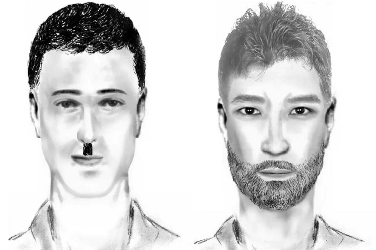 Zwei Phantombilder zeigen die Gesichter von gesuchten Männern mit unterschiedlichen Frisuren und Gesichtszügen.