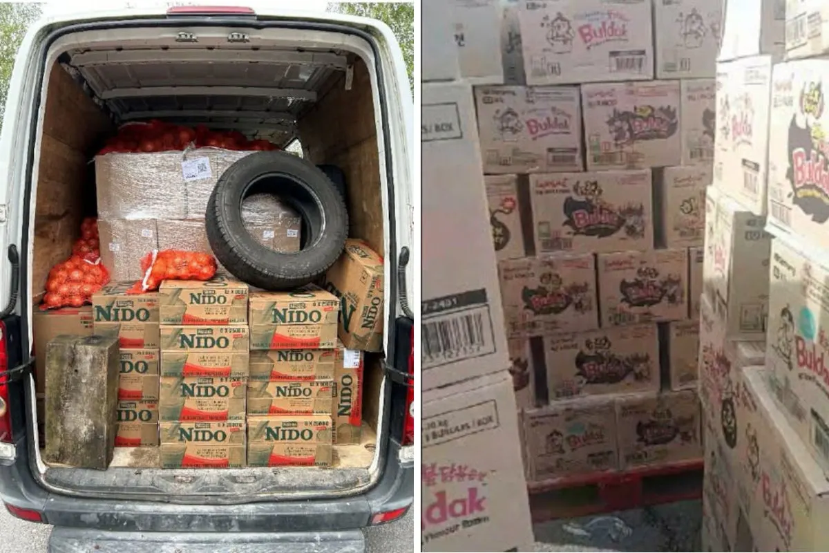 Ein Transporter ist bis zur Decke mit Kartons der Marke NIDO und Zwiebeln befüllt. Ein Ersatzreifen liegt ebenfalls darin.
