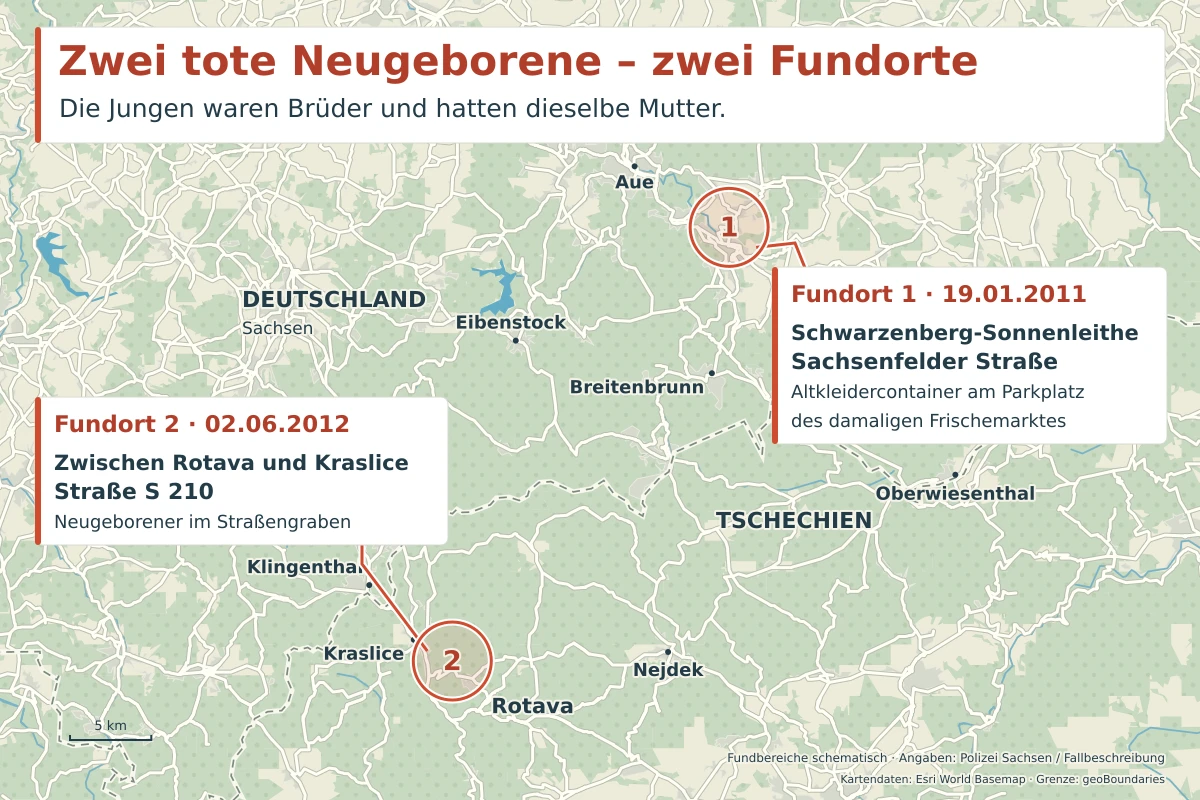 Eine Karte mit Markierungen der Fundorte zweier toter Neugeborener, eine in Sachsen und eine in Tschechien.