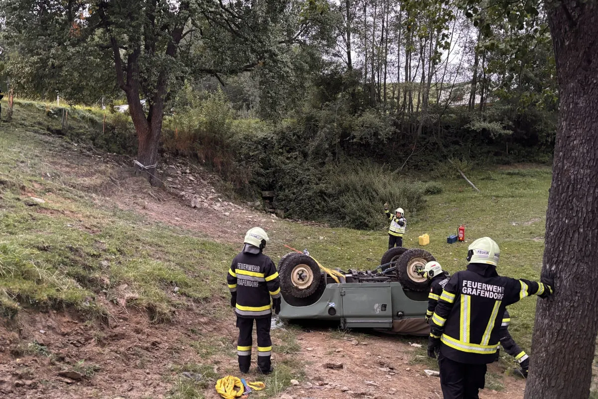 Mehrere Feuerwehrleute der Feuerwehr Grafendorf inspizieren ein Fahrzeug, das auf dem Dach in einer Böschung liegt. Sie tragen Einsatzbekleidung und Helme.