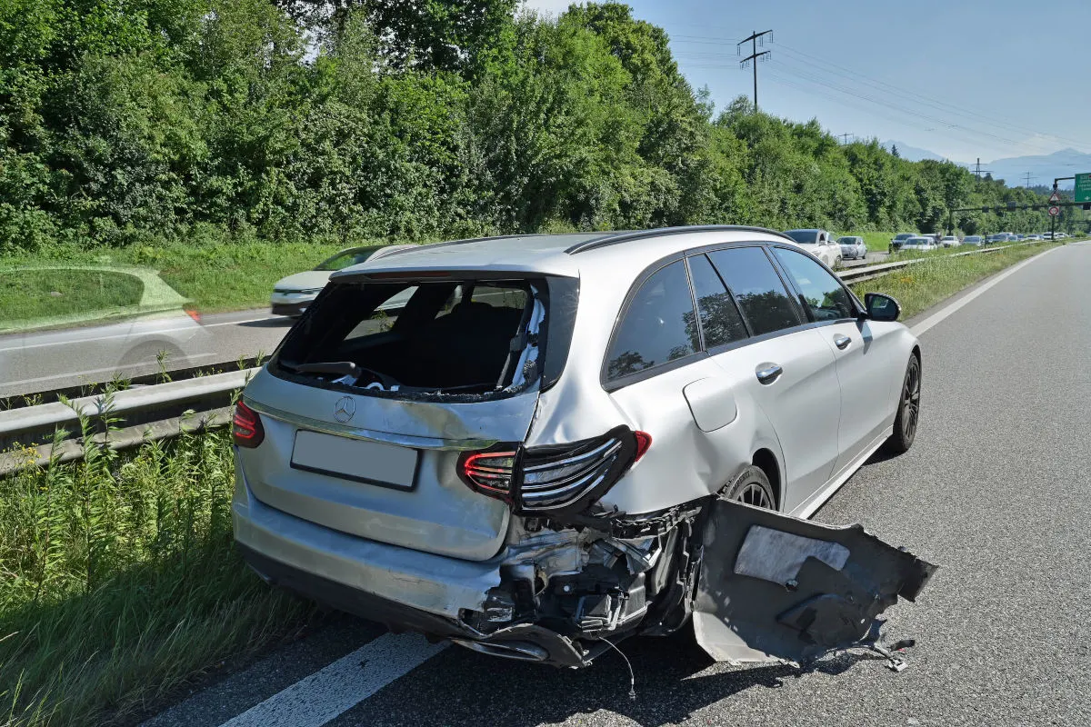 Ein beschädigter silberner Mercedes-Kombi steht am Straßenrand, mit stark eingedrücktem Heckbereich und fehlenden Teilen. Die Umgebung zeigt eine Grünfläche und eine Autobahn bei klarem Wetter.