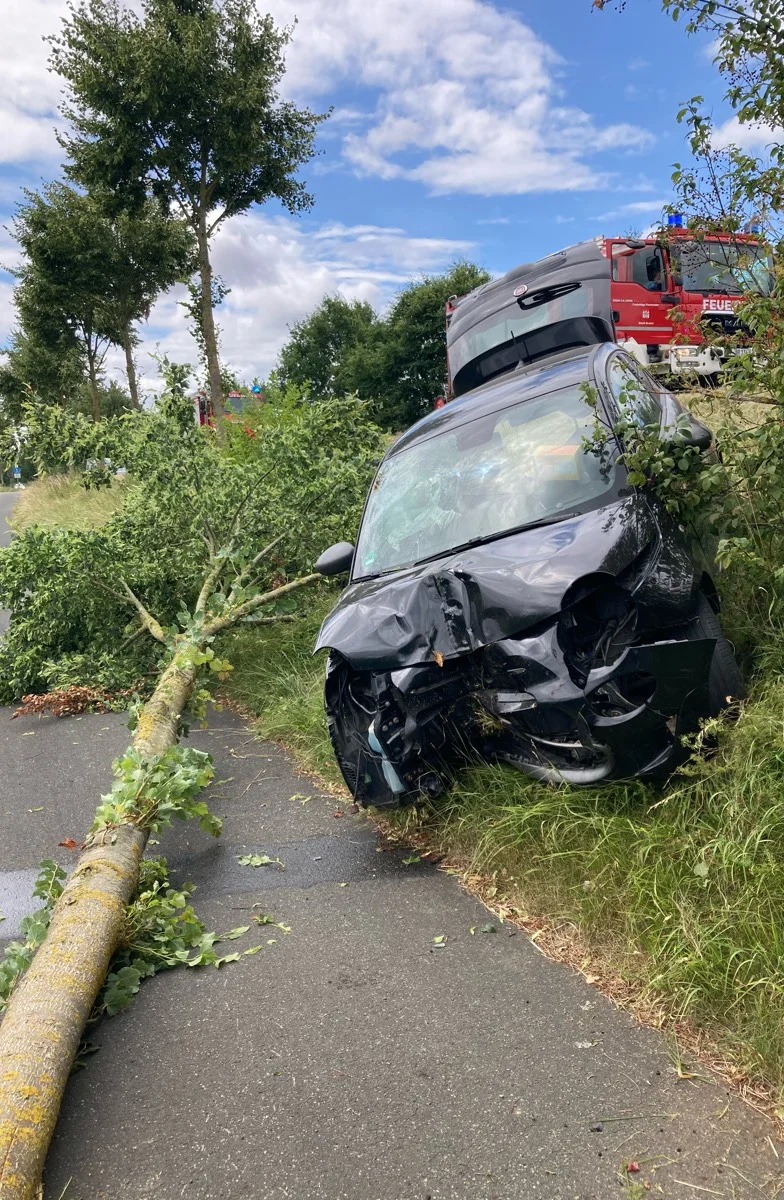 Das Bild zeigt ein schwarzes Auto mit schwer beschädigter Front neben einem umgestürzten Baum auf einer Straße. Im Hintergrund ist ein rotes Feuerwehrfahrzeug sichtbar.