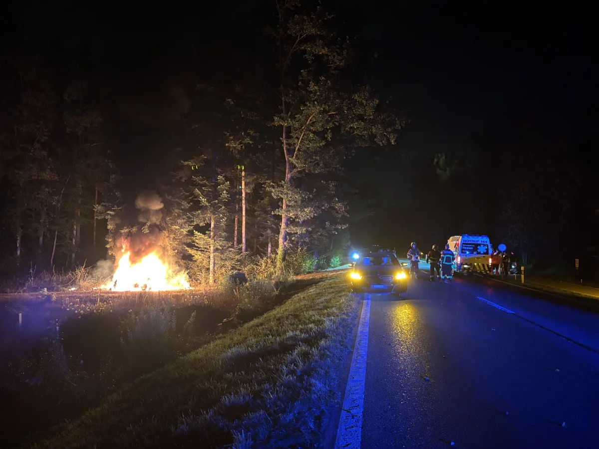 In der Nacht brennt ein Fahrzeug hell auf einem Grasstreifen neben einer Straße. Einsatzfahrzeuge und Feuerwehrleute sind sichtbar.
