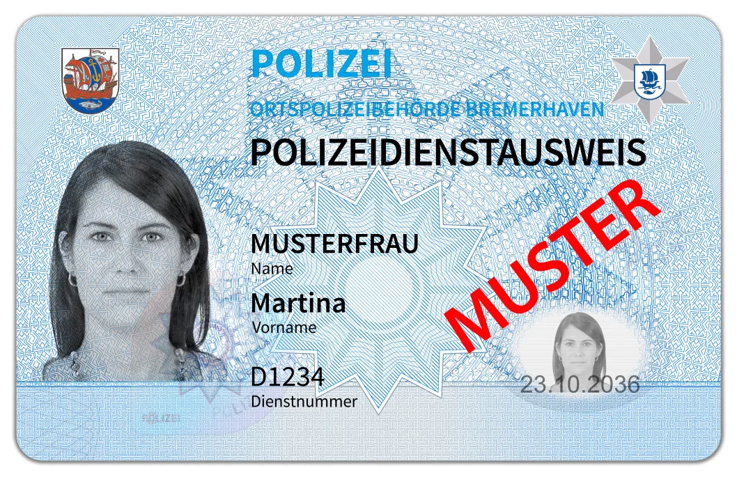 Ein deutscher Polizeidienstausweis der Ortspolizeibehörde Bremerhaven wird gezeigt. Der Ausweis trägt den Schriftzug 'Muster' in Rot.