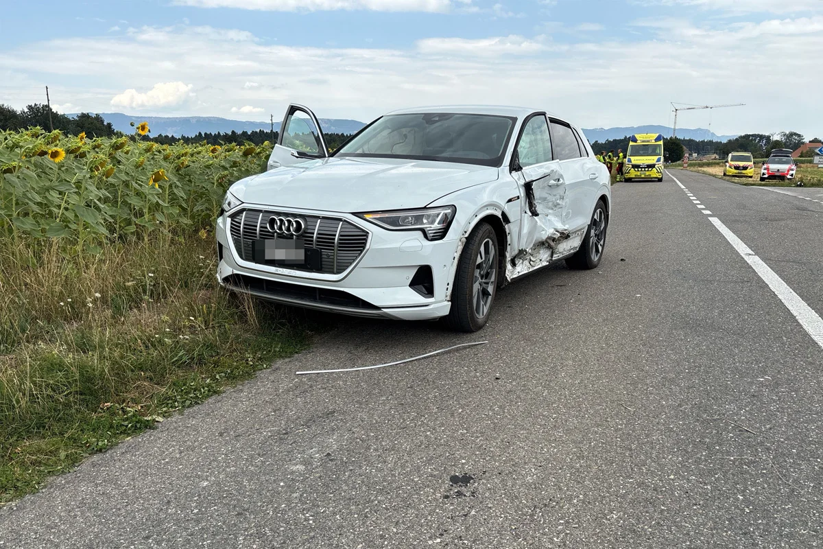 Ein weißer Audi mit deutlichen Blechschäden steht am Straßenrand neben einem Sonnenblumenfeld. Im Hintergrund sind Rettungsfahrzeuge zu sehen.
