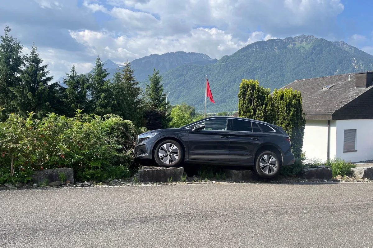 Ein schwarzer SUV ist auf einem Bordstein aufgesetzt, umgeben von grünen Büschen und einem Bergpanorama im Hintergrund.