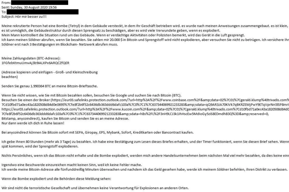 Warnung der Polizei - Erpressung per Mail - Angeblich Bombe in der Geschäftsliegenschaft platziert