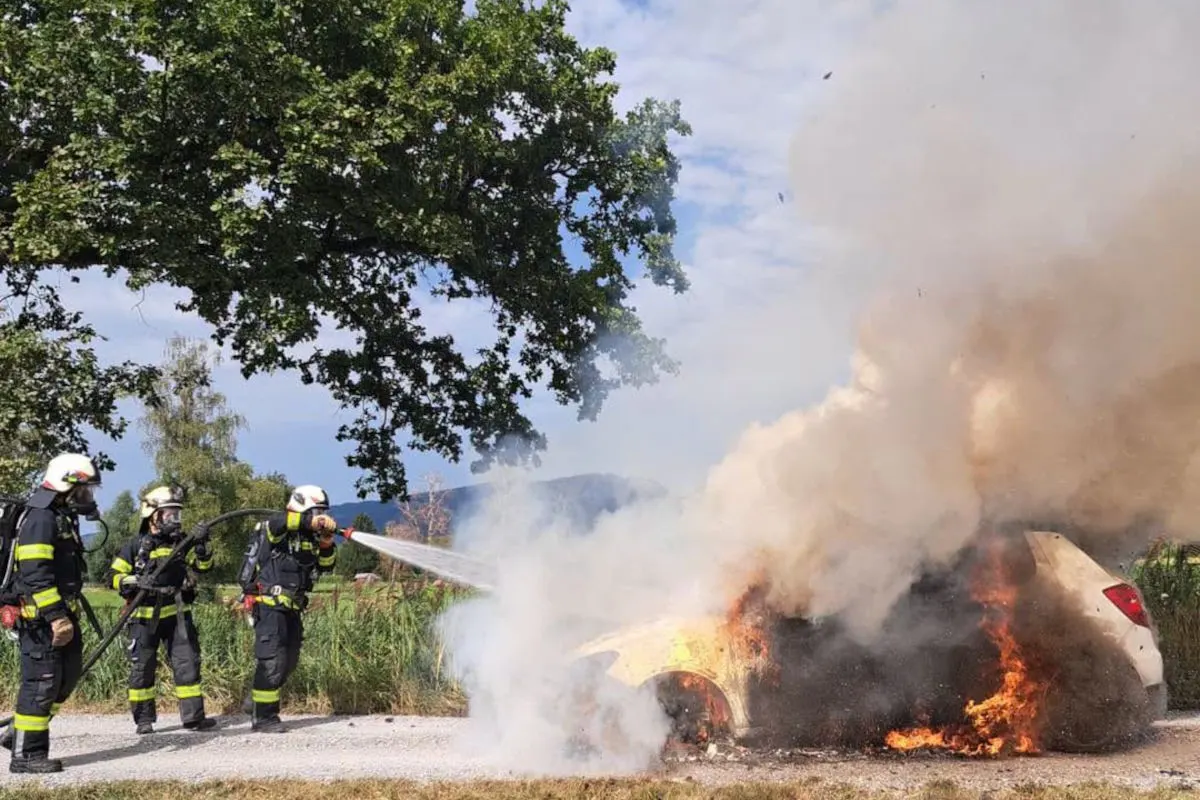 Ein Auto steht in Flammen auf einem Waldweg, während Feuerwehrmänner es löschen. Rauch steigt auf und das Fahrzeug ist teilweise von Flammen bedeckt.