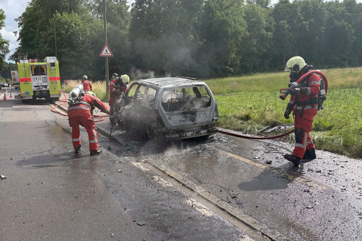 Mehrere Feuerwehrleute löschen ein vollständig ausgebranntes Auto am Straßenrand, während Rauch aufsteigt.