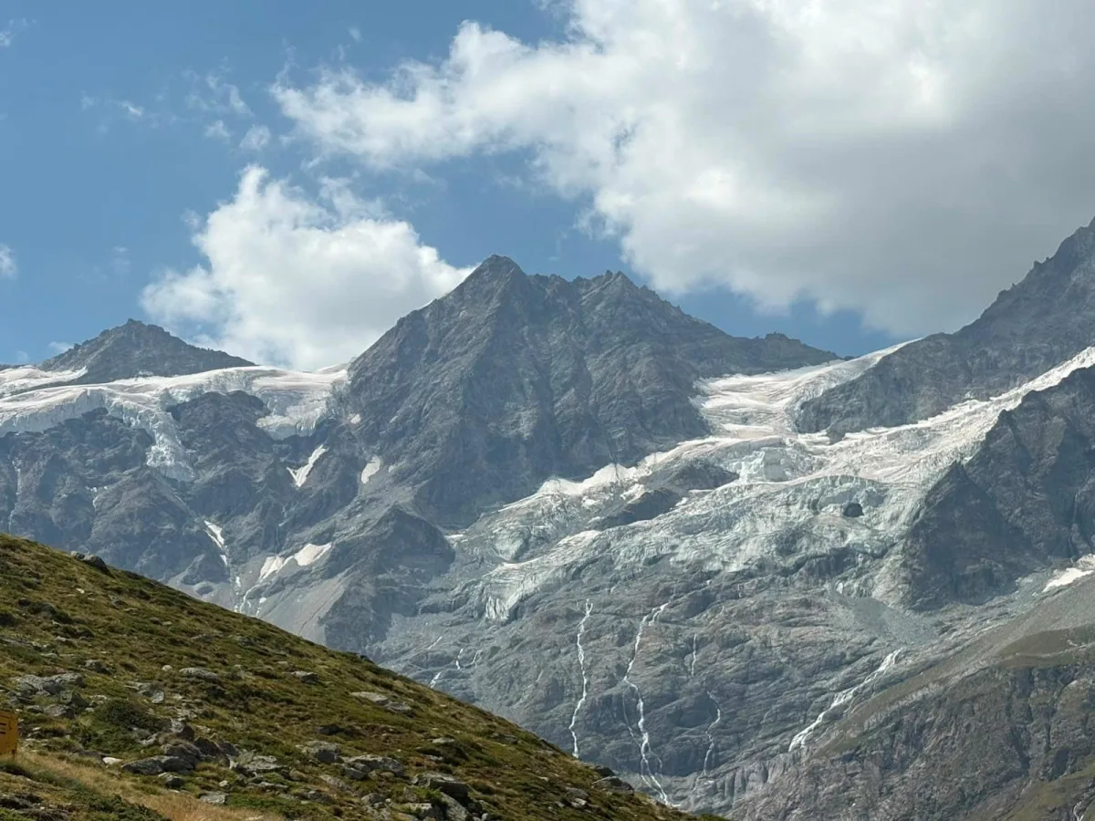 Ein hoher Berg mit schmelzendem Gletscher unter einem teilweise bewölkten Himmel. Die Vegetation im Vordergrund zeigt eine alpine Wiese.
