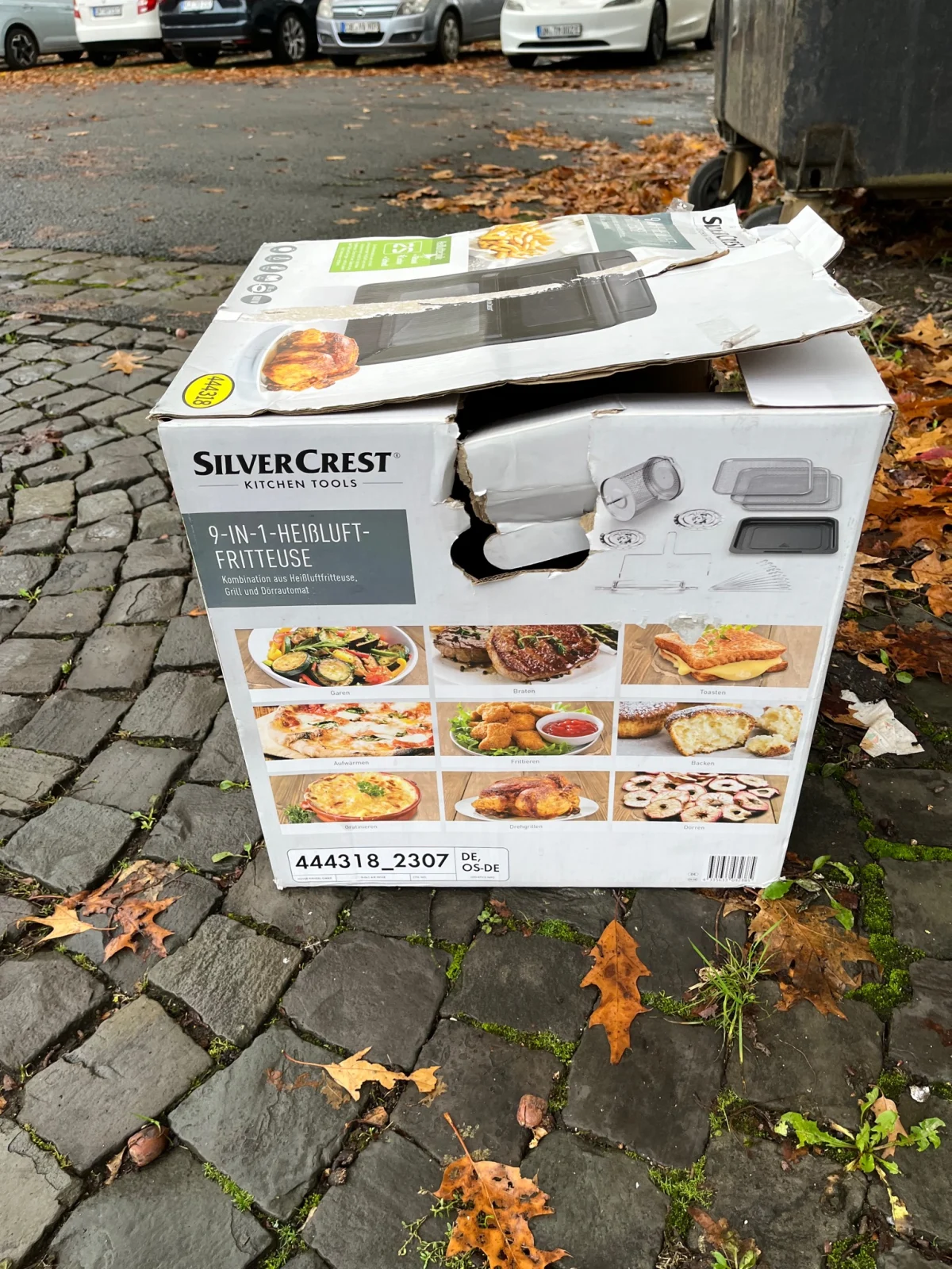 Eine zerdrückte Verpackung einer SilverCrest Heißluftfritteuse steht auf einem gepflasterten Bürgersteig mit Herbstlaub.