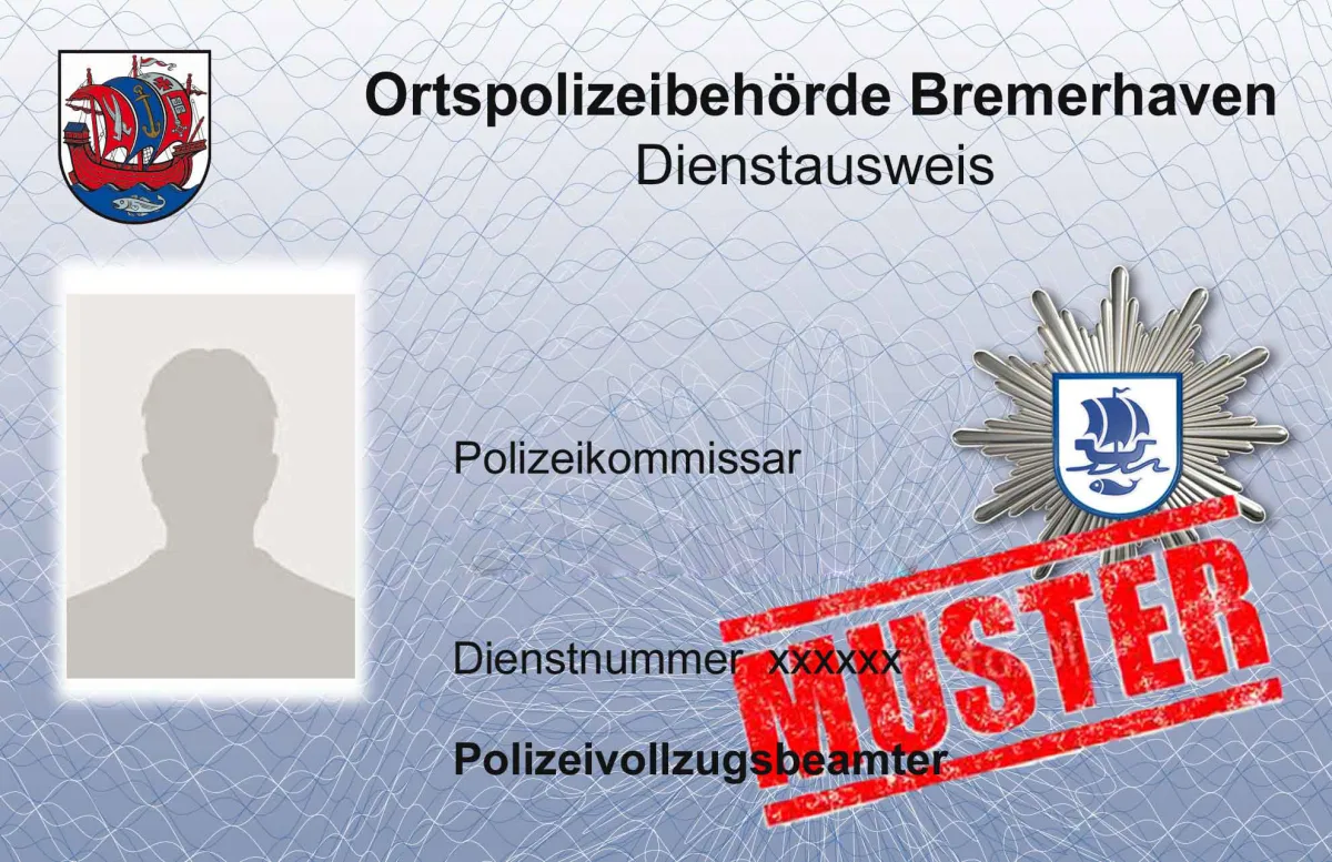 Abbildung eines Muster-Dienstausweises der Ortspolizeibehörde Bremerhaven mit sichtbaren Wappen, Schriftzügen und dem roten Aufdruck 'Muster'.