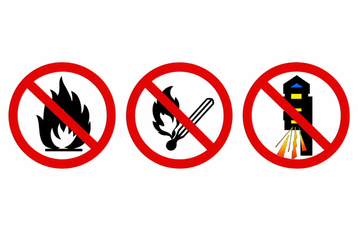 Das Bild zeigt drei Symbole für Feuerverbote, jedes durchgestrichen mit einem roten Kreis auf weißem Hintergrund.