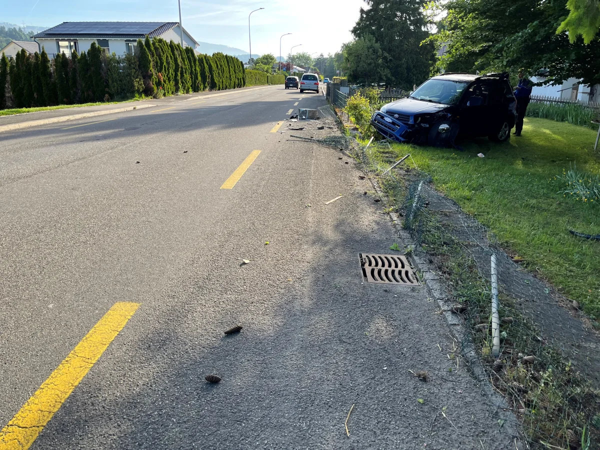 Ein blaues Auto ist von der Straße abgekommen und auf eine Wiese gefahren, wo es einen Zaun beschädigt hat. Im Hintergrund sind weitere Fahrzeuge zu sehen.