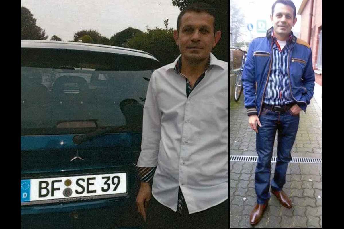 Links ist ein Mann neben einem blauen Auto mit deutschem Kennzeichen zu sehen, rechts steht er in Freizeitkleidung auf einem Gehweg.