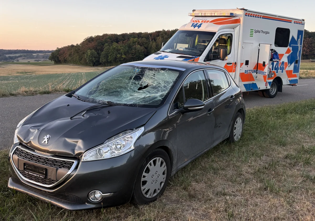Ein schwarzes Auto mit schwer beschädigter Windschutzscheibe steht am Straßenrand. Im Hintergrund ist ein Rettungswagen sichtbar.