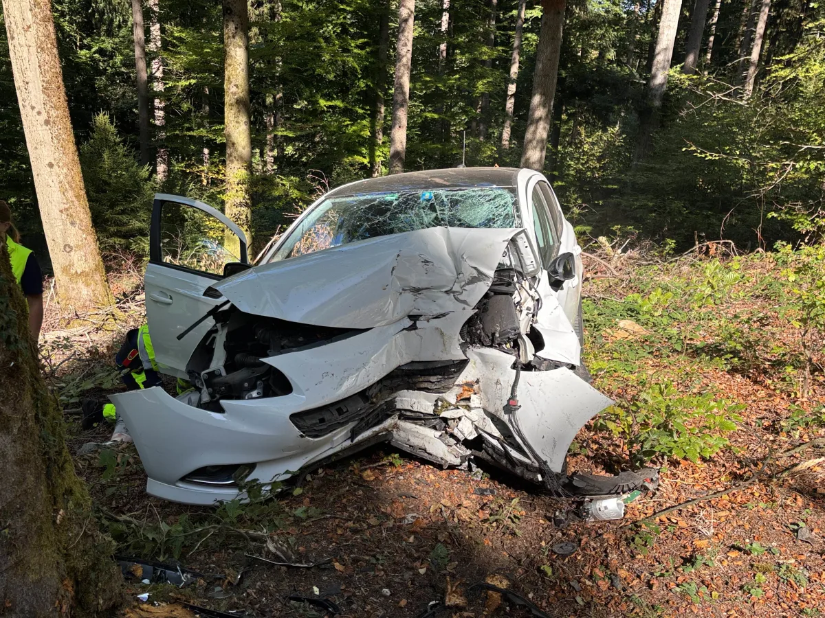 Ein weißer Pkw steht stark beschädigt im Wald; die Front des Autos ist eingedrückt und zeigt massive Unfallschäden. Neben dem Wagen sind Personen mit Warnwesten zu sehen.