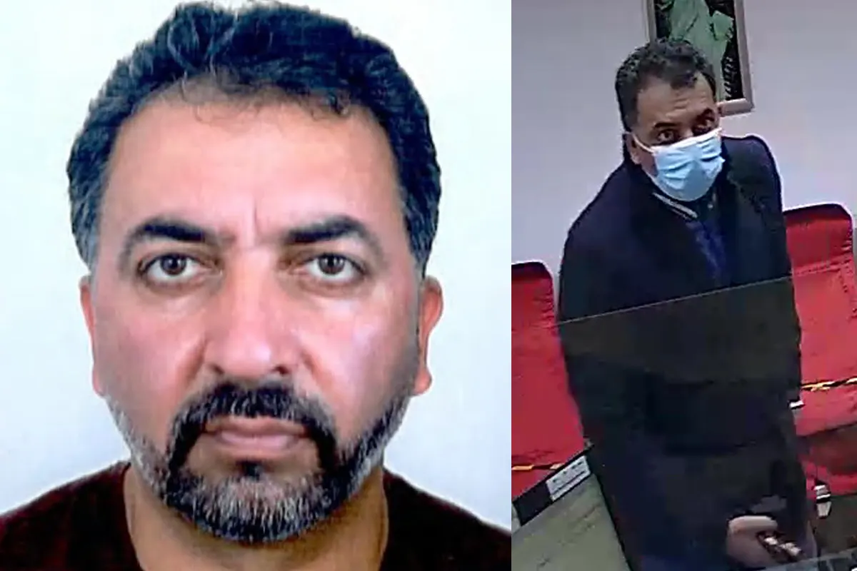 Links ein Porträt eines Mannes mit dunklen Haaren und Bart. Rechts derselbe Mann mit Maske in einer Überwachungskameraszene.