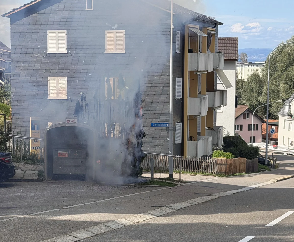 Ein Gebäude an einer Straßenecke zeigt Rauchentwicklung und Flammen auf der Fassade. Daneben stehen andere Wohnhäuser.