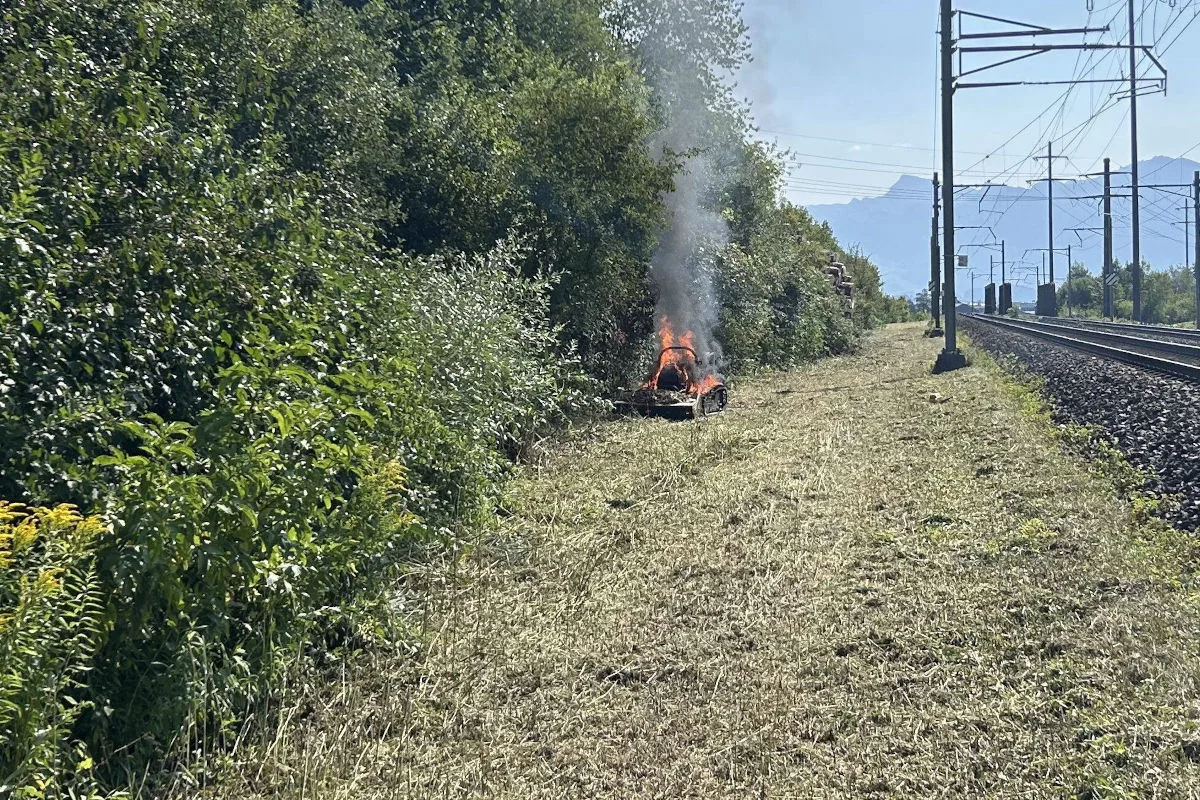 Am Rand einer Bahnstrecke bei Inwil brennt ein Fahrzeug, umgeben von Bäumen. Rauch steigt auf.