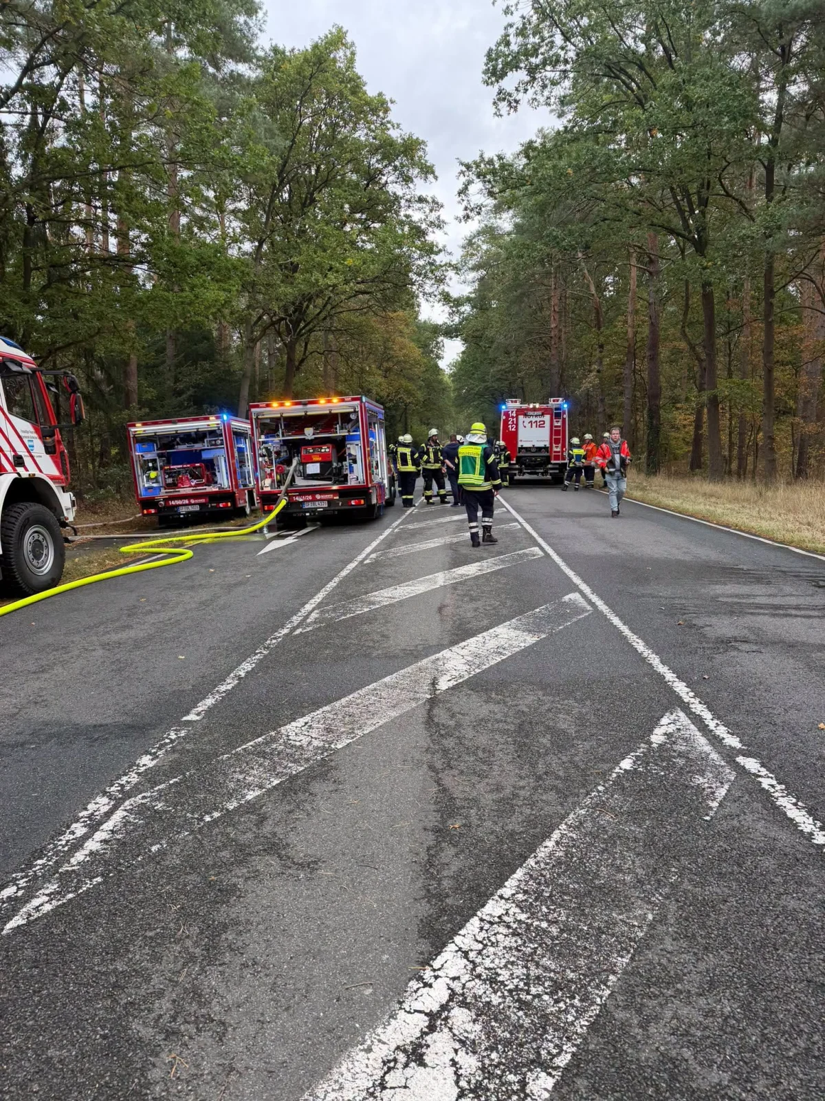 Mehrere Feuerwehrfahrzeuge und Einsatzkräfte sind auf einer mit Bäumen gesäumten Straße zu sehen. Schläuche sind ausgelegt und Einsatzkräfte stehen bereit.
