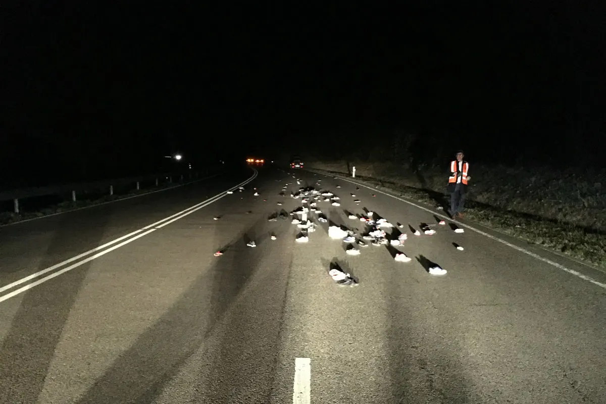 40 Paar Schuhe quer über Strasse verstreut