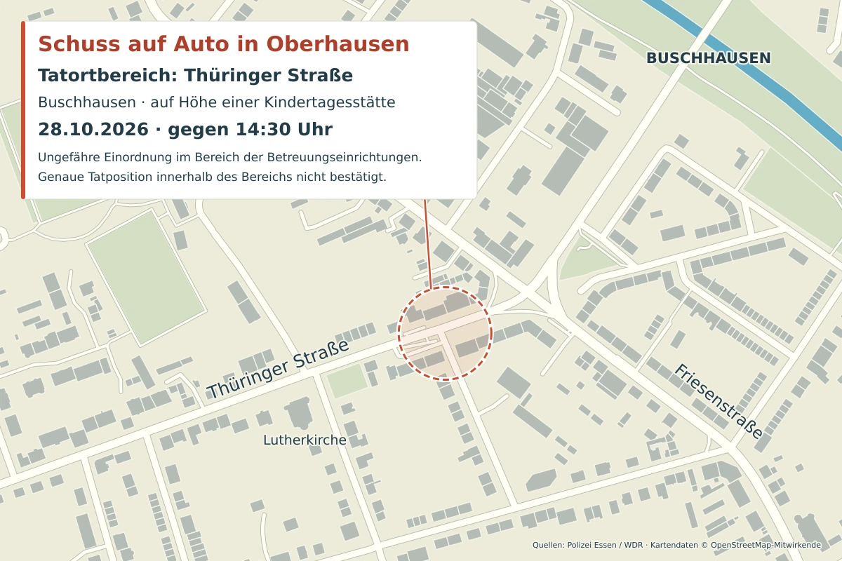 Eine Karte zeigt den ungefähren Tatort eines Vorfalls in Oberhausen, mit einer Markierung in der Nähe einer Kindertagesstätte auf der Thüringer Straße.