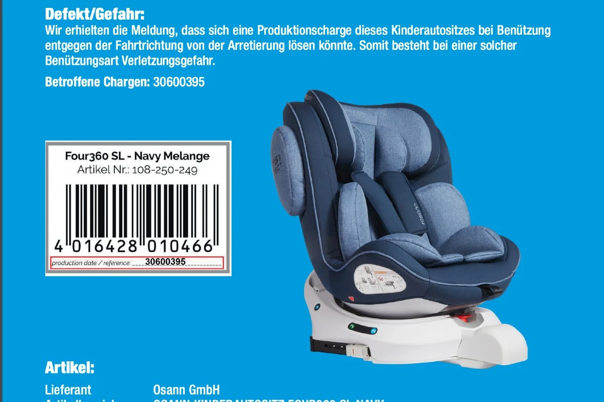 ASTRA - Autokindersitz «OSANN Four360 SL Navy» wegen eines festgestellten Sicherheitsrisikos zurückgerufen