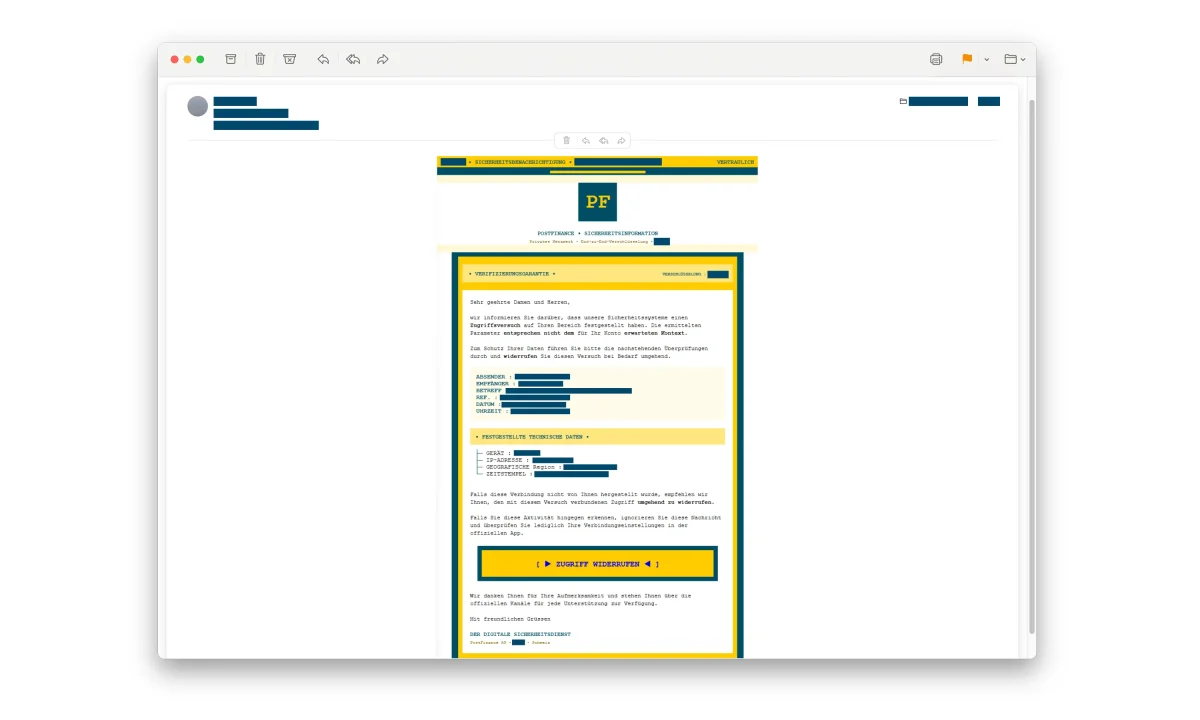 Ein Screenshot zeigt eine E-Mail, die eine Warnung vor einem möglichen Phishing-Angriff kommuniziert. Die E-Mail hebt die Sicherheitsrisiken und weist auf verdächtige Aktivitäten hin.