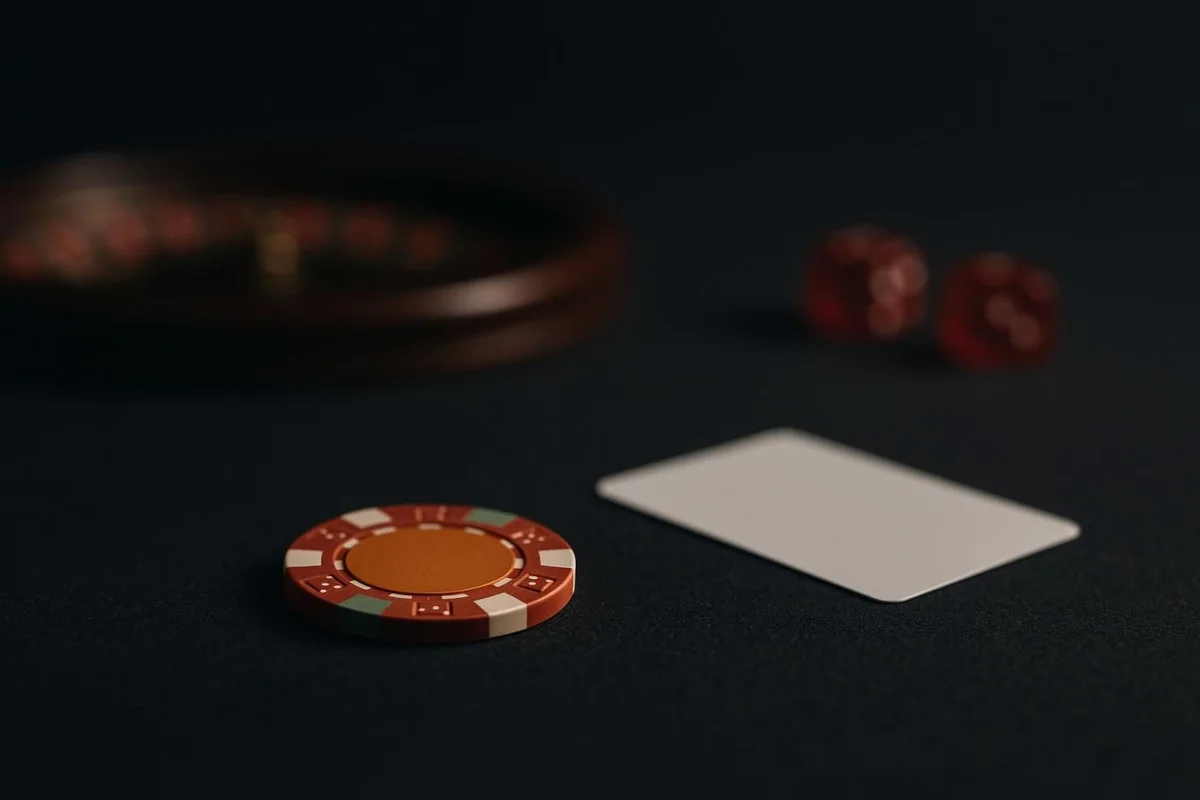Auf einem dunklen Tisch liegt ein Roulette-Chip neben einer weißen Karte. Im Hintergrund sind ein Roulette-Rad und Würfel sichtbar.
