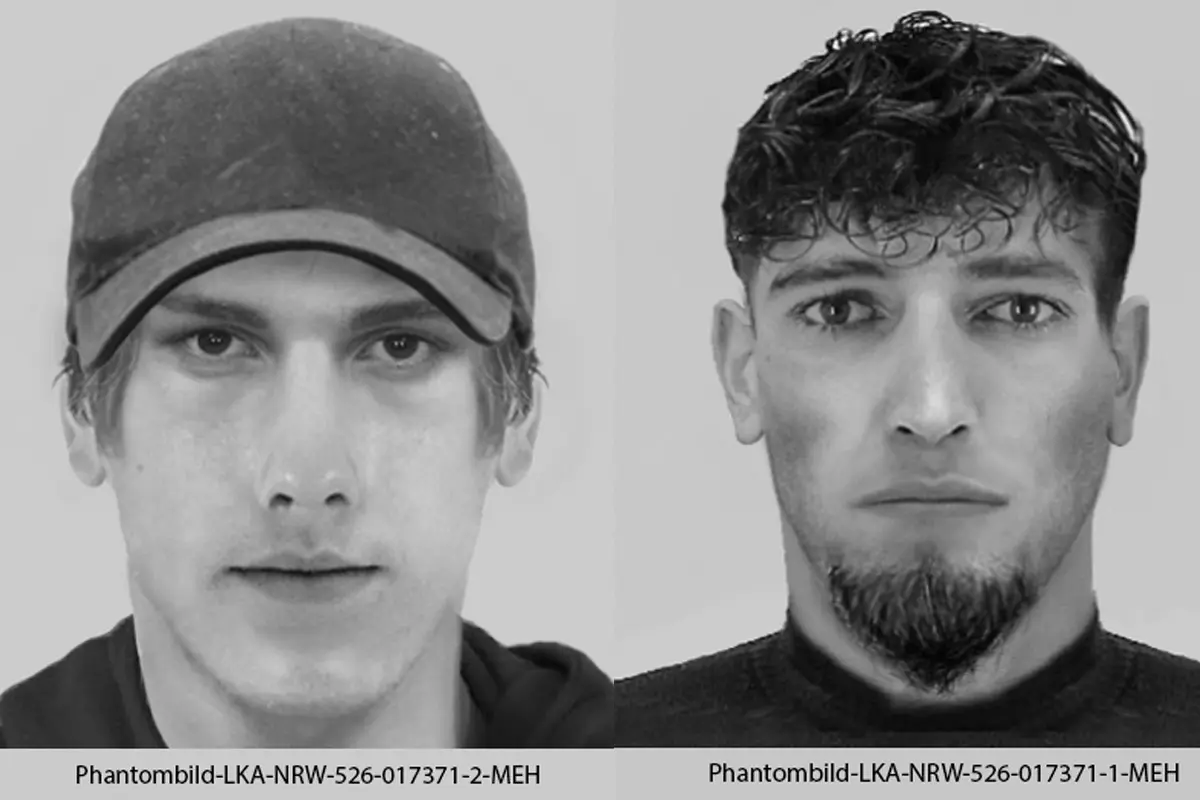 Zwei Phantombilder zeigen Männer; der linke trägt eine Mütze, der rechte hat einen Bart.