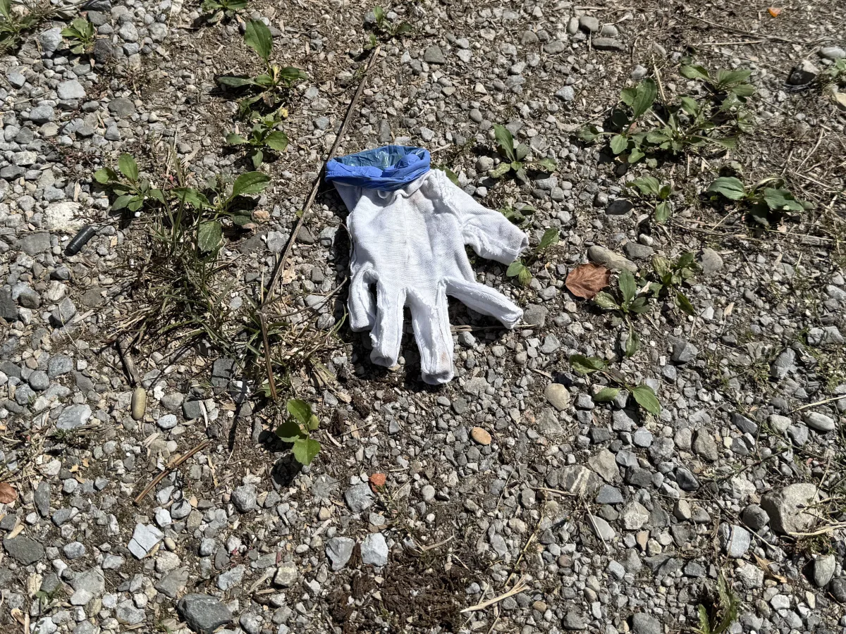 Ein einzelner weißer Handschuh liegt auf einem mit Gras durchsetzten Kiesboden. Es sieht verlassen aus.