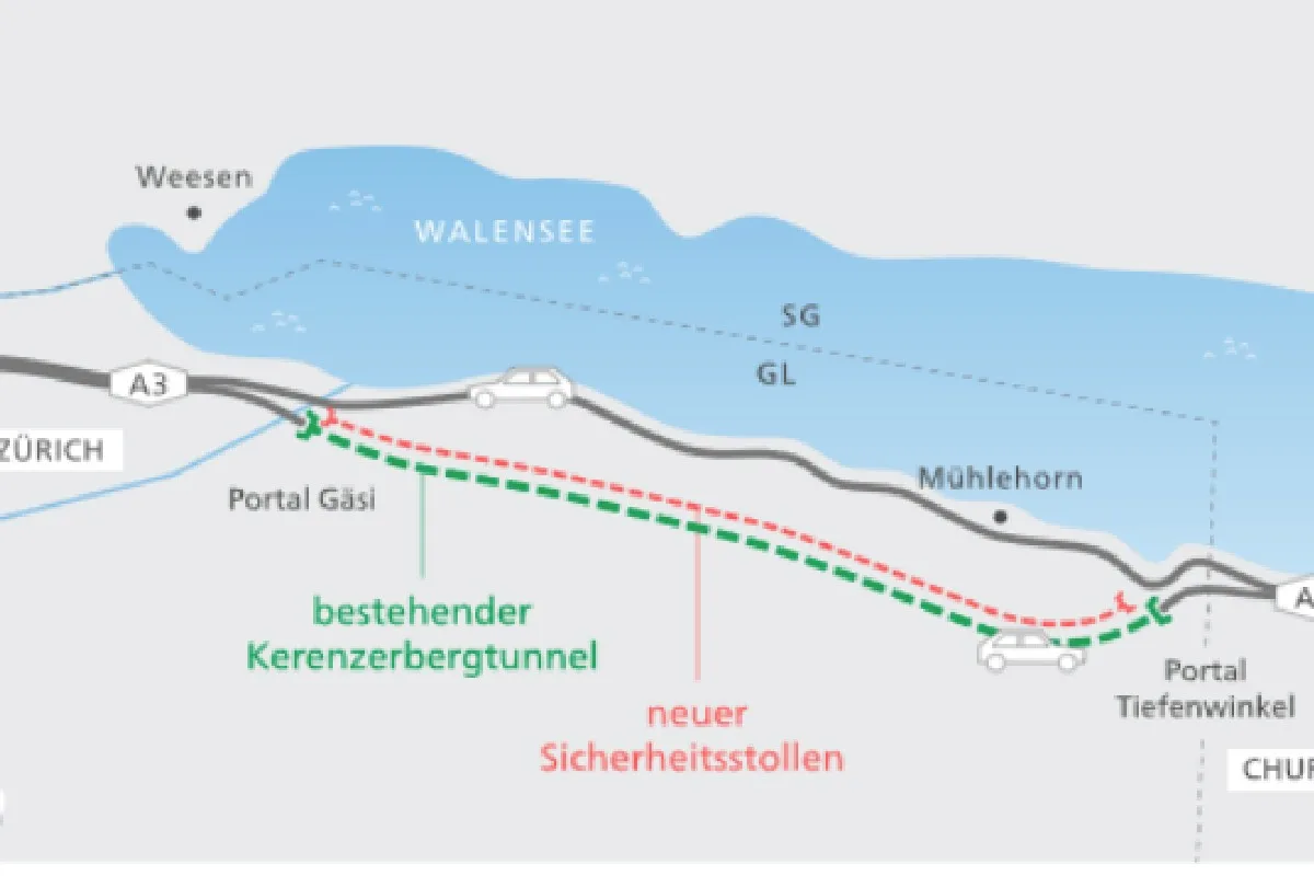 A3 Kerenzerbergtunnel -  Baustart für den Sicherheitsstollen - Gesamterneuerung bis ca. Ende 2026 