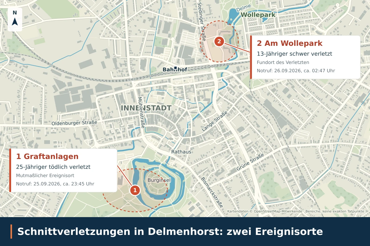 Eine Karte von Delmenhorst zeigt zwei markierte Tatorte: Graftanlagen und Am Wollepark. Hinweise auf Verletzte sind ebenfalls angegeben.
