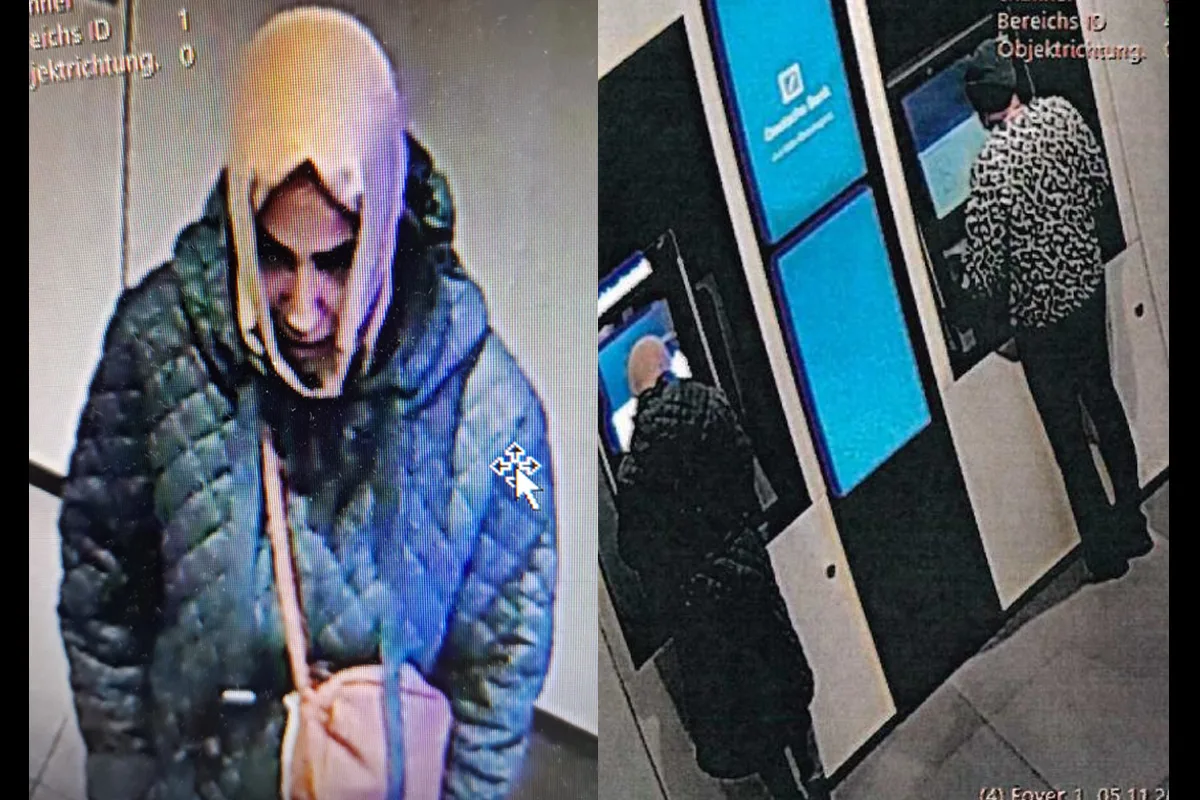 Zwei separate Aufnahmen zeigen eine Person in einem Kapuzenmantel an einem Bankautomaten. Die Person ist von vorne und von hinten zu sehen.