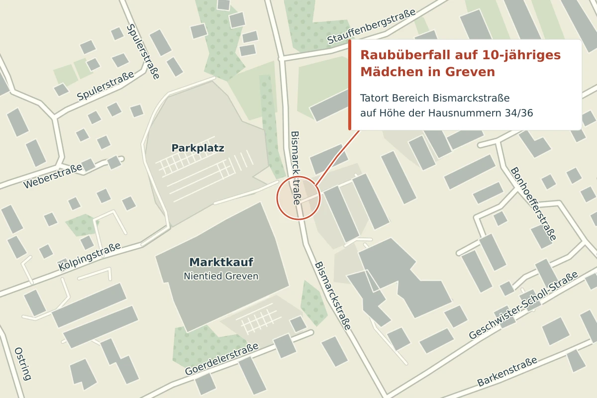 Eine Karte zeigt den Tatort eines Raubüberfalls auf ein 10-jähriges Mädchen in der Bismarckstraße in Greven. Die genaue Stelle ist rot umkreist.