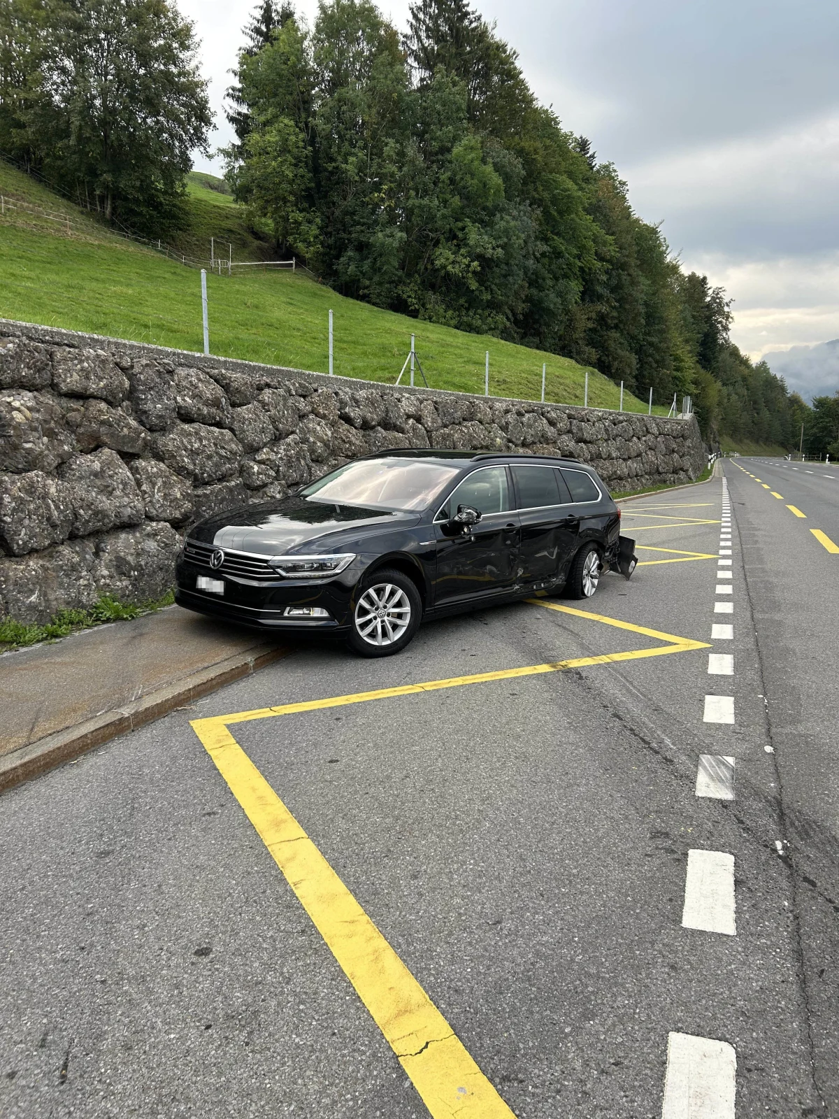 Ein schwarzer VW-Passat mit sichtbaren Schäden steht an einer Leitplanke auf einer ländlichen Straße. Im Hintergrund ist eine grasbewachsene Böschung zu sehen.
