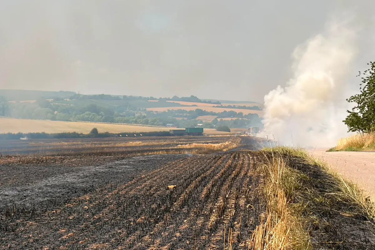 Ein großer Rauchschwaden steigt von einem abgebrannten Feld auf. Im Hintergrund sind Felder und bewaldete Hügel sichtbar.