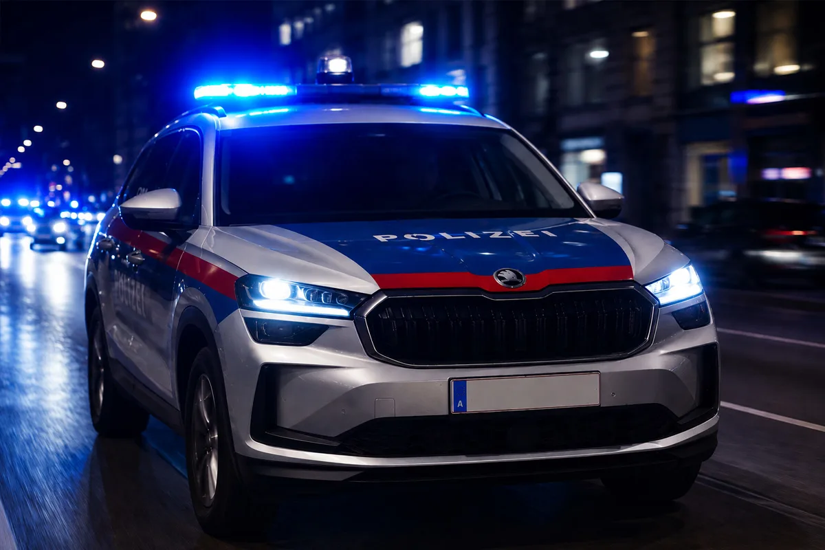 Ein Polizeiwagen mit eingeschaltetem Blaulicht fährt bei Nacht auf einer städtischen Straße. Das Fahrzeug hat eine markante Lackierung.