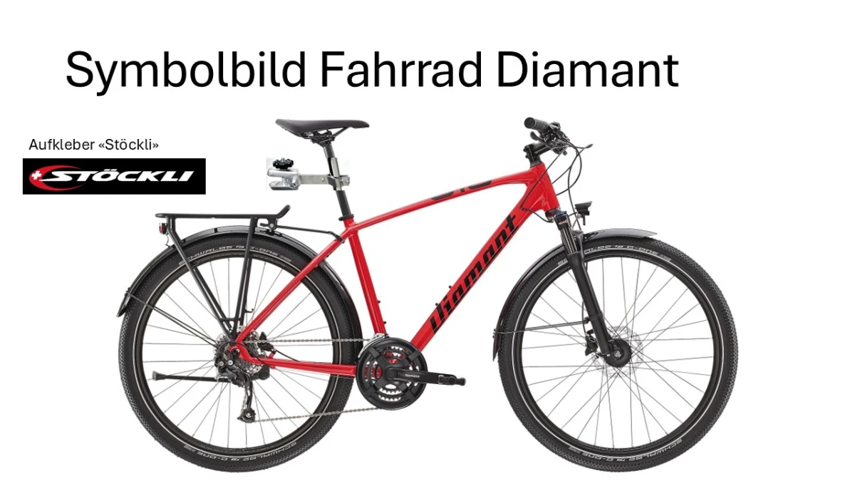 Dieses Bild zeigt ein rotes Fahrrad der Marke Diamant mit einem Stöckli-Aufkleber. Das Fahrrad ist komplett ausgestattet und steht im Fokus der Aufnahme.