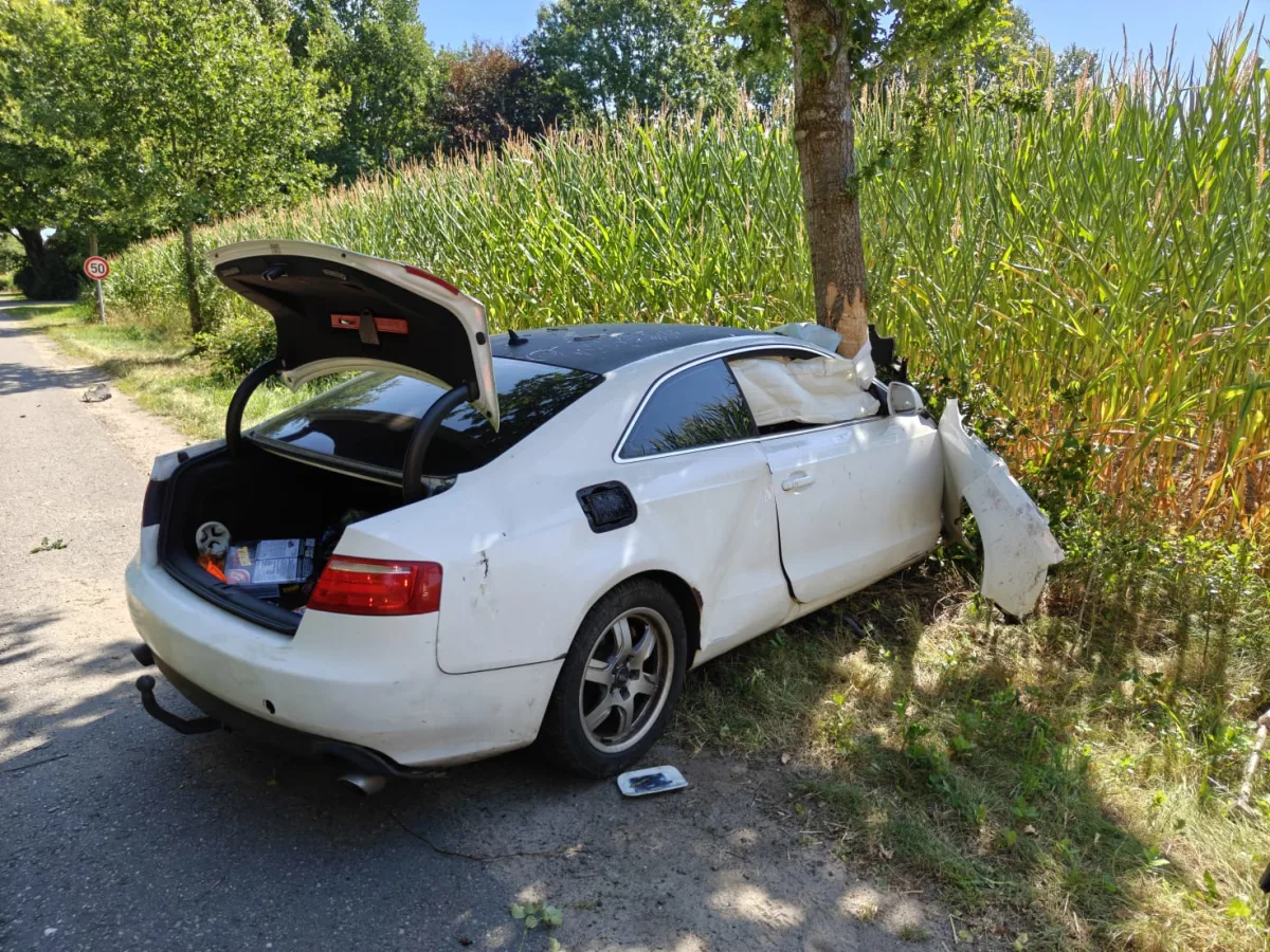 Ein weißes Auto hat mit seiner Seite einen Baum am Straßenrand gerammt. Die Heckklappe ist offen, und die Umgebung ist ländlich geprägt.