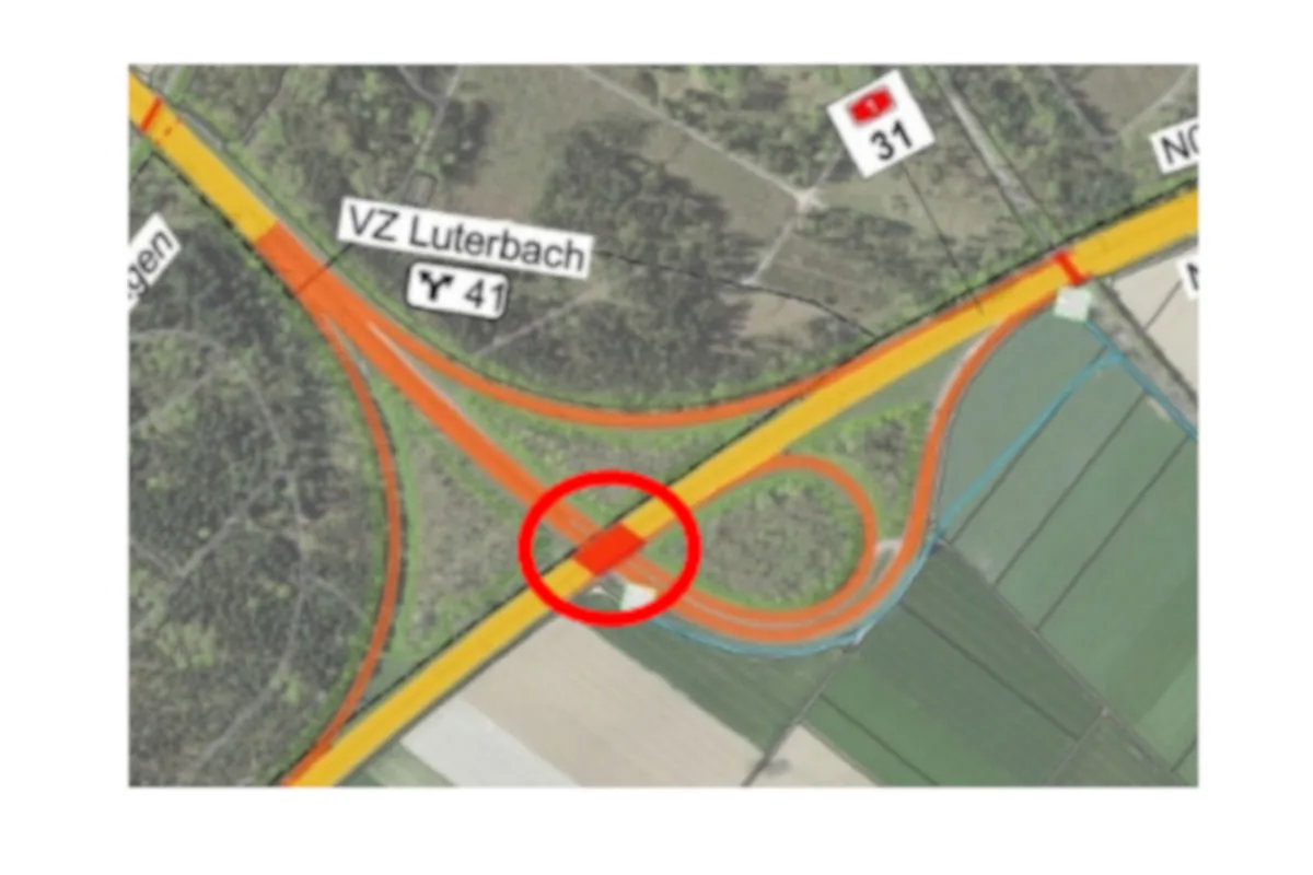 Eine Straßenkarte zeigt die Autobahnabzweigung Luterbach mit einer rot markierten Stelle in der Mitte.