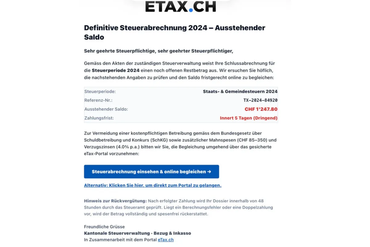 Das Bild zeigt eine gefälschte Steuerrechnung mit dem Logo 'ETAX.CH'. Es enthält eine Zahlungsaufforderung über CHF 1'247.80 mit einer Frist von 5 Tagen.
