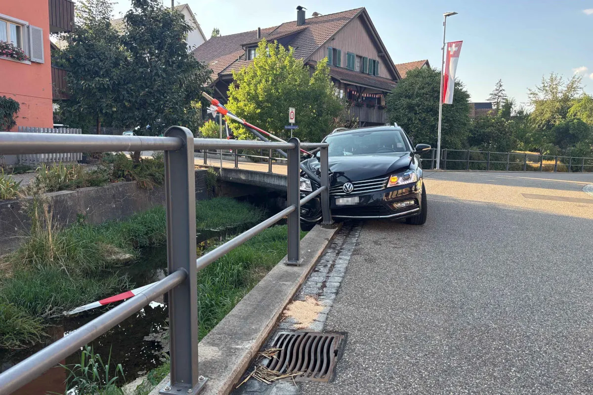 Ein schwarzer VW ist an einem Geländer neben einer Brücke stehen geblieben. Im Hintergrund sind Wohnhäuser zu sehen.