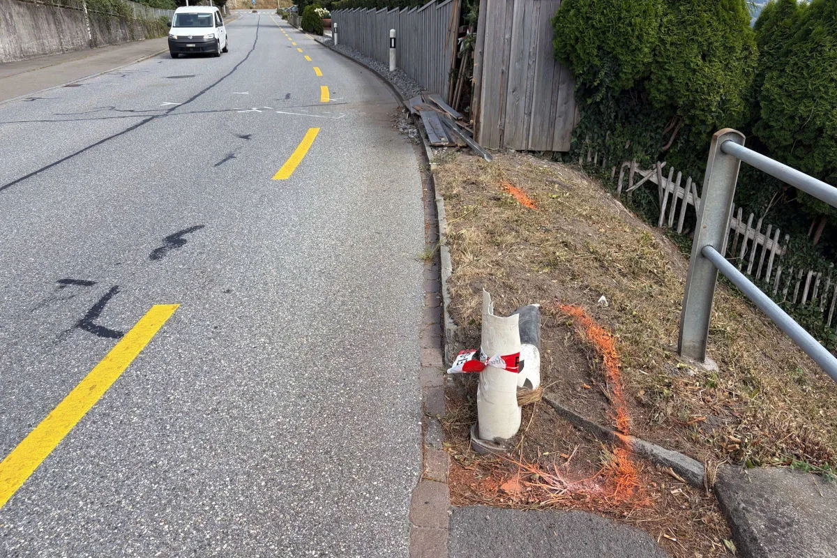 Eine Straße mit sichtbaren Reifenspuren. Ein Leitpfosten ist beschädigt, und ein Zaun wurde teilweise zerstört.