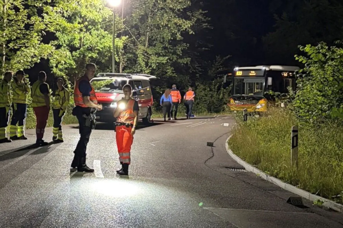 Ein Unfallort bei Nacht mit mehreren Rettungskräften, einem Bus und einem Einsatzfahrzeug auf einer Landstraße.